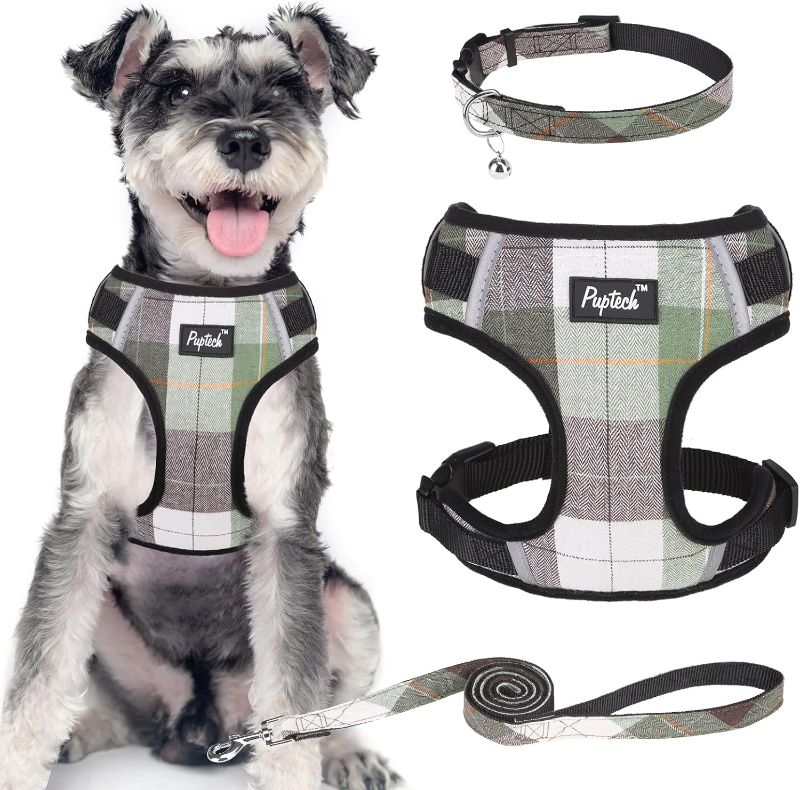 Photo 1 of ***color may be different*** PUPTECK Dog Harness and Leash Collar Set for Small Medium Dogs Puppy and Cats Walking No Pull Adjustable Reflective Soft Mesh Padded Plaid Harnesses Pet Accessories, Green, L
