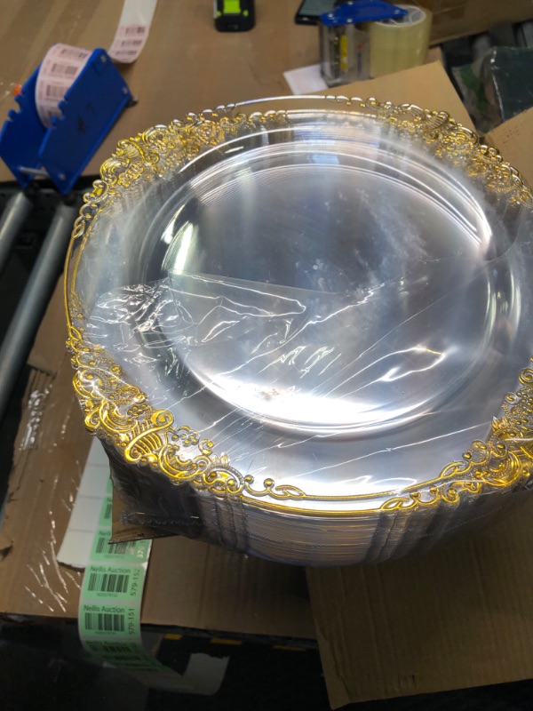 Photo 3 of ***USED***Morejoy 100 Pieces Gold Plastic Plates - Clear Gold Disposable Plates - 10.25inch Clear Plastic Dinner Plates With Gold Rim for Weddings & Parties & Shower&Thanksgiving