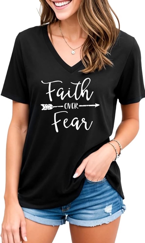 Photo 1 of ***SIMILAR*** Women Cross Faith T Shirts for Women V-Neck Graphic Tees Letter Printed T-Shirt Christian Tee Shirt SMALL