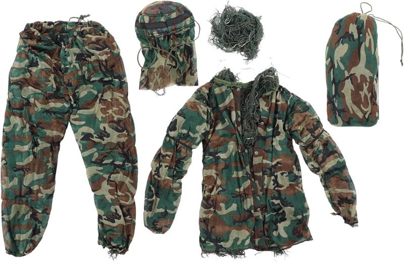 Photo 1 of ***similar*** Ghillie Suit Lightweight Ghillie Suit Outdoor Camo Suit 5 in 1 Green Camo Suits with Jacket Pants Hood Carry Bag Tapes for Kids Teens Height 4.3 to 4.9ft  SMALL/MEDIUM