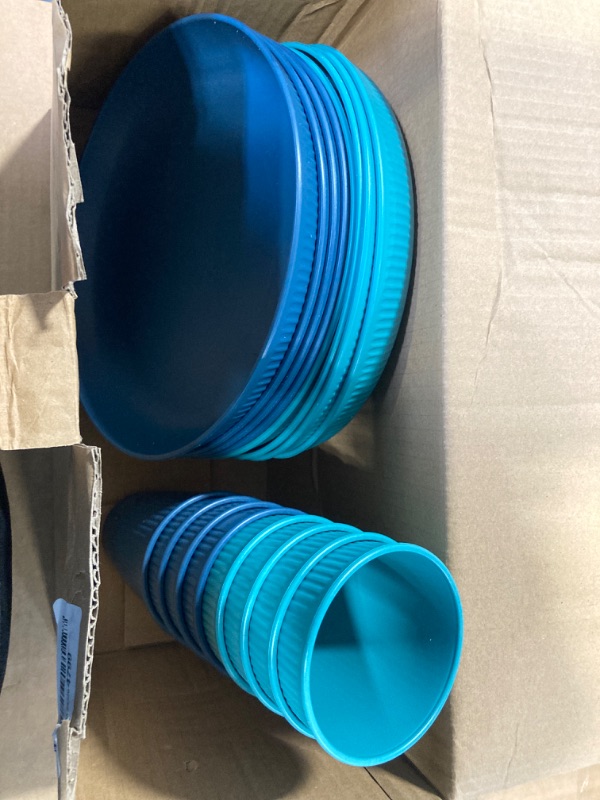 Photo 2 of ***CHECK DAMAGE IN REAL IMAGE***/***MISSING PARTS***
 Dhnvcud 24-Piece Plates and Bowls Sets,Wheat Straw Dinnerware Sets for 8,Unbreakable Plastic Dinnerware Set,Reusable Plates,Bowls and Cups,Plastic Dishes Set for Kitchen,Outdoor Camping,RV