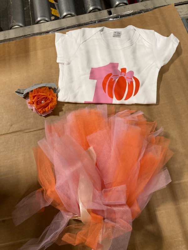 Photo 2 of Baby Girls Pumpkin 1st Birthday Tutu Outfit Infant Halloween Tutu Set Cotton Romper+Tutu Skirt+Headband, 9 - 12 mths