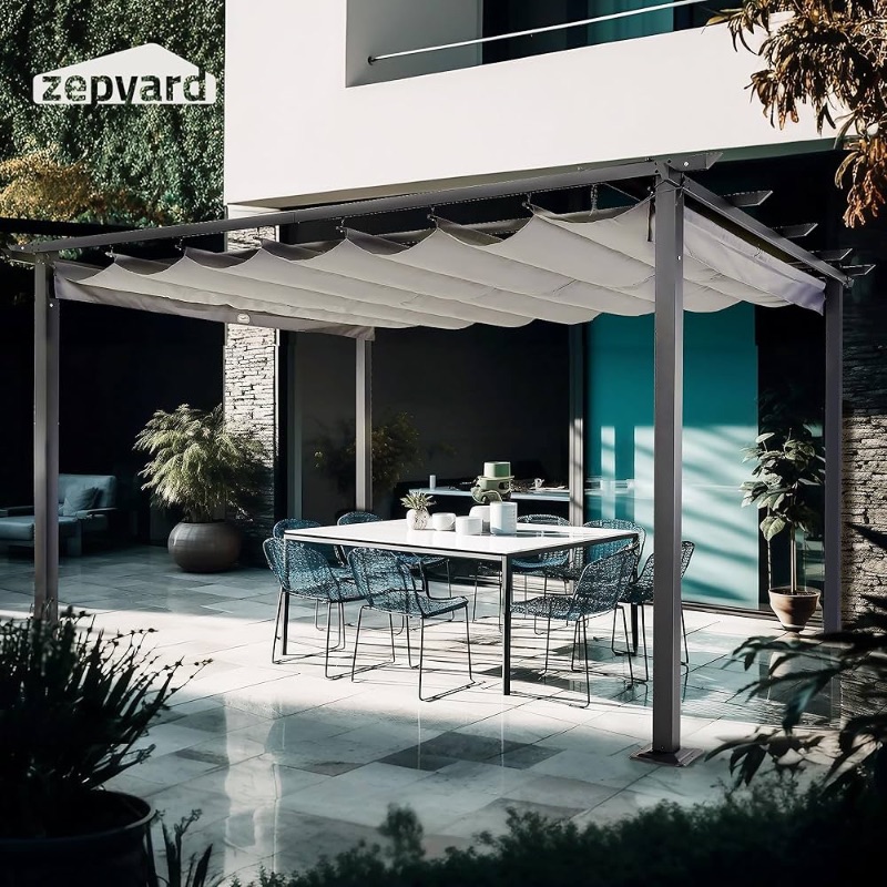 Photo 1 of  Outdoor Pergola, Aluminum Pergola with Sun Shade Retractable Canopy, Patio Retractable Pergola for Deck, Backyard, Grill (Grey)