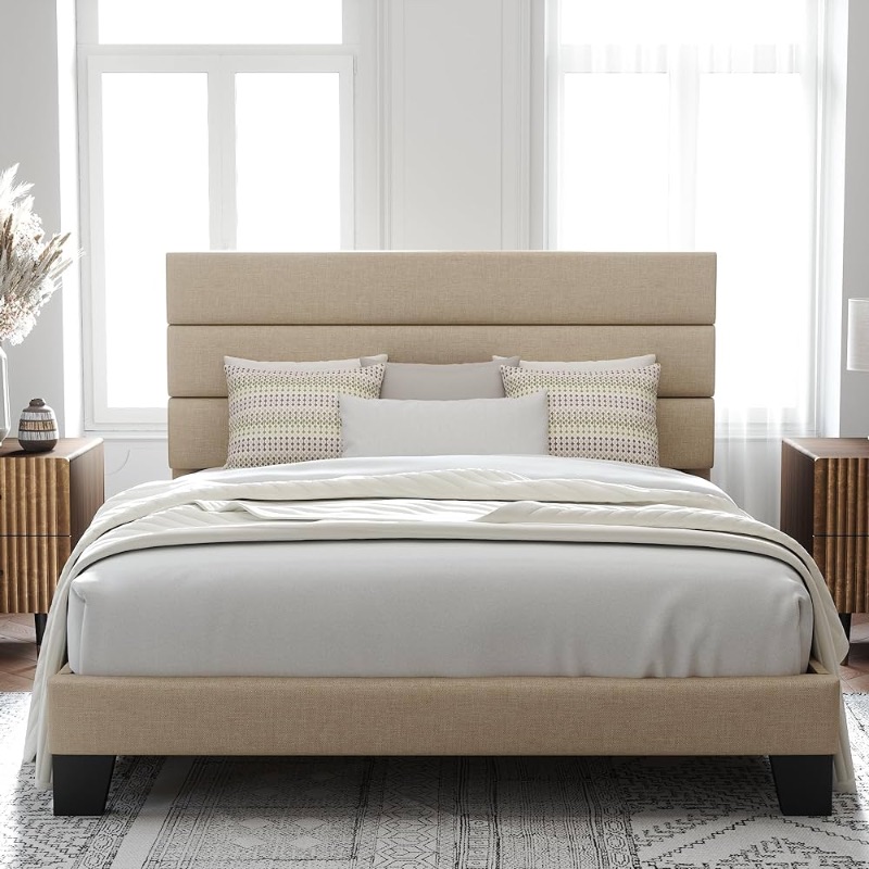 Photo 1 of Allewie Queen Size Platform Bed Frame with Fabric Upholstered Headboard and Wooden Slats Support, Fully Upholstered Mattress Foundation/No Box Spring Needed/Easy Assembly, Beige