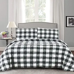 Photo 1 of PACK 5***** Sweet Home Collection Quilts King Size 3 Piece Set Vintage Pre Wash Buffalo Check Oversized Reversible Pattern with Pillow Shams, White/Black