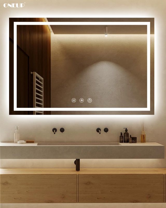 Photo 1 of ***DAMAGE ON THE BOX*** oneup Espejo de baño de 60 x 40 pulgadas con luces, espejos de baño con iluminación LED frontal para pared, espejo de tocador inteligente antivaho con botón táctil y función de memoria, luces
