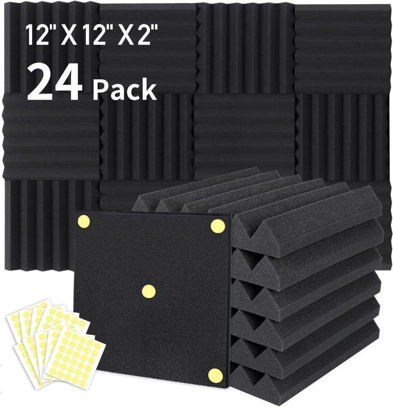 Photo 1 of 24 Packs Acoustic Foam Panels 2" X 12" X 12", Soundproofing Foam Noise Cancelling Foam with 120 PCS Double-Side adhesive