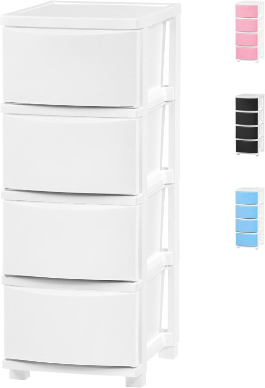 Photo 1 of 
IRIS USA Plastic Drawer Storage Organizer, 4-Drawers, for Classroom Art Supplies Dresser Closet Bathroom Dorm Bedroom Laundry Room, Slim Narrow, White Frame with Matte White Front Panels