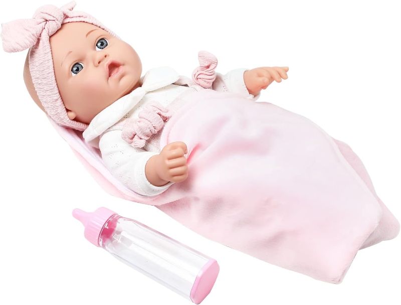 Photo 1 of 12'' Baby Doll in Gift Box with Pink Cloths, Pacifier, 13''x13'' Microfabric Blanket, and Feeding Bottle. Gift Idea for Ages 3+
