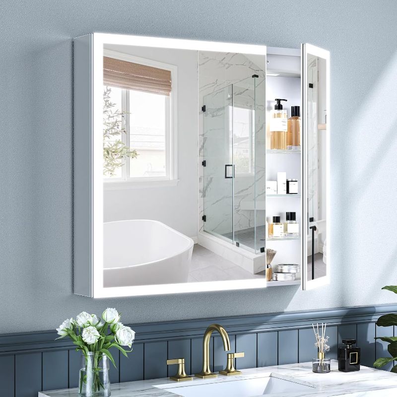 Photo 1 of 36x32 Inch Lighted Medicine Cabinet with Mirror, AL Alloy, Plug-in or Hardwired, Recessed or Wall Mount, Mirror Doors/3 Colors/Dimmable/Interior Sensor Light/Defog, 2 Outlets&USBs,3 Shelves