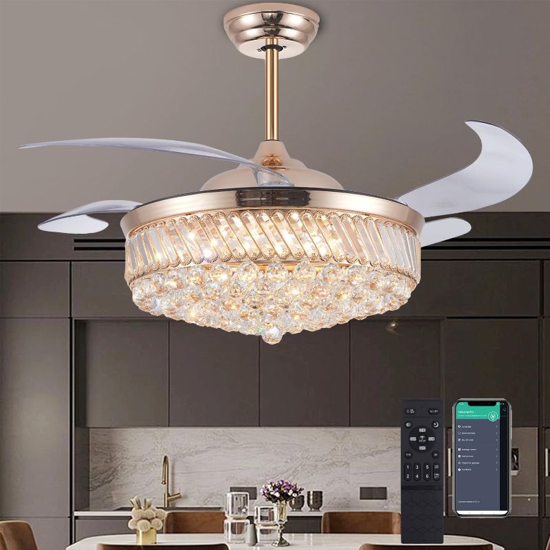 Photo 1 of 52 Inch Crystal Ceiling Fan with Light and Remote Modern Dimmable Fandelier Invisible Retractable Chandelier Fan Gold for Bedroom Living Room
