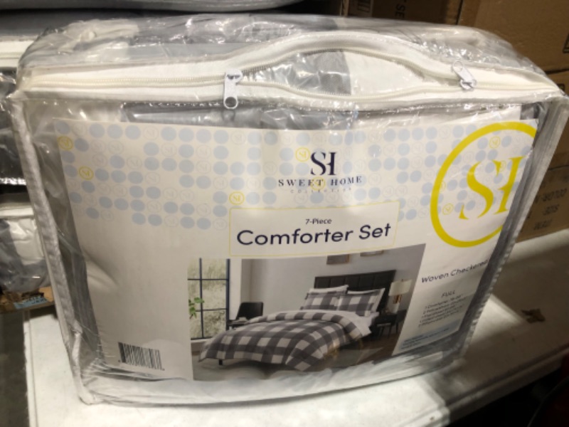 Photo 2 of 7 Piece Comforter Set Bag Solid Color All Season Soft Down Alternative Blanket & Luxurious Microfiber Bed Sheets, Full, Checkered Box