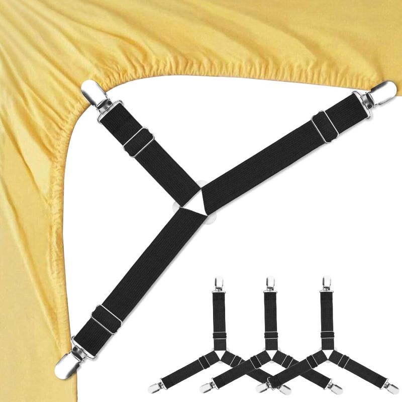 Photo 1 of Bed Sheet Fasteners, 4 PCS Adjustable Triangle Elastic Suspenders Gripper Holder Straps Clip for Bed Sheets,Mattress Covers, Sofa Cushion + 1 Bed Sheet Fasteners, Adjustable Triangle Elastic Suspenders Gripper Holder Straps