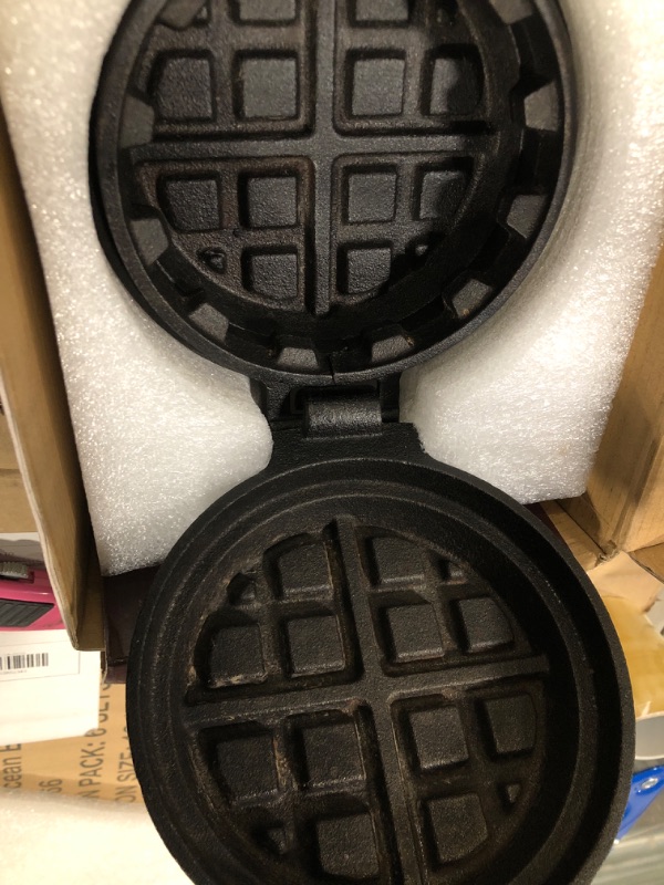 Photo 3 of *** dirty***Cast Iron Stuffed Waffle Iron - Pre-Seasoned, 5" Dia, 2" Thick Round - Non-Stick Belgian Waffle Maker w/Heat-Resistant Handles – Classic Waffle Maker Compatible w/Gas, Electric, Induction & More