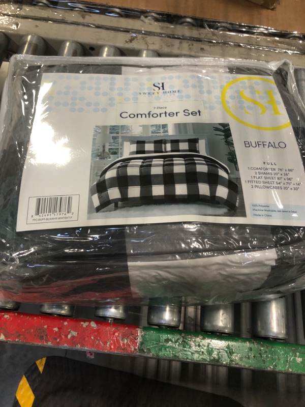 Photo 2 of 7 Piece Comforter Set Bag Solid Color All Season Soft Down Alternative Blanket & Luxurious Microfiber Bed Sheets, Full, Buffalo Plaid Black/White