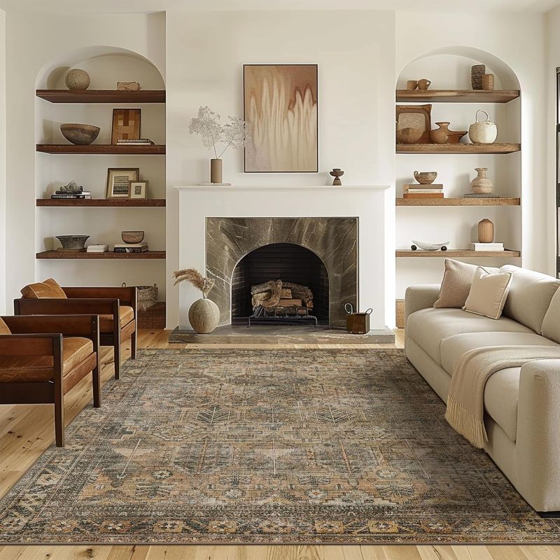 Photo 1 of ****SIMILAR TO THE PHOTO ***Area Rug 8x10 Machine Washable Vintage Distressed Print Ultra-Thin Chenille Bedroom Living Room Accent Rug, Low Pile Lightweight Non Slip with Gripper, Sage/Charcoal