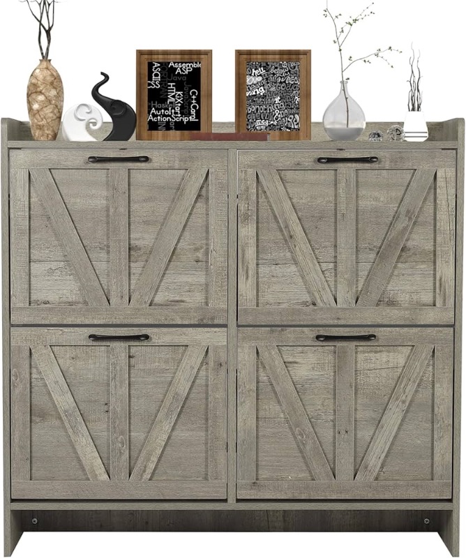 Photo 1 of ***Stock photo is a similar item*** Shoe Storage Cabinet with 4 Flip Drawers, Narrow Shoe Cabinet Storage with Legs for Entryway, Freestanding Shoes Organizer Cabinet, Farmhouse Slim Shoe Cabinet, Rustic Gray