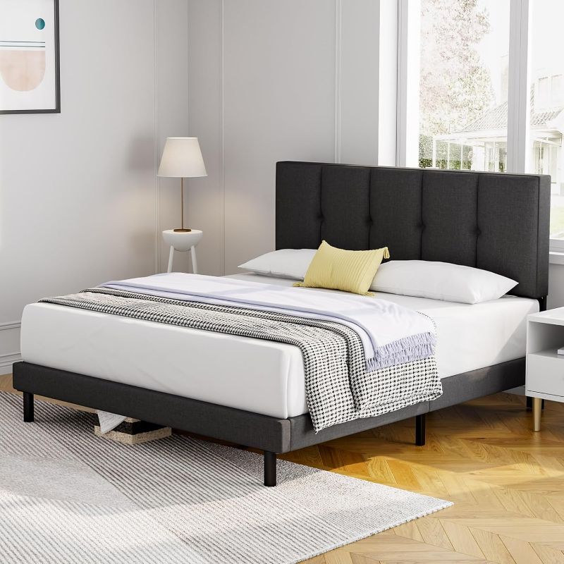 Photo 1 of **image shown below is similar to actual item**Queen Platform Bed Frame with Upholstered Fabric Headboard, Sturdy Wood Slat Support, Noise-Free, No Box Spring Needed, Quick Assembly, Dark Grey with charging station