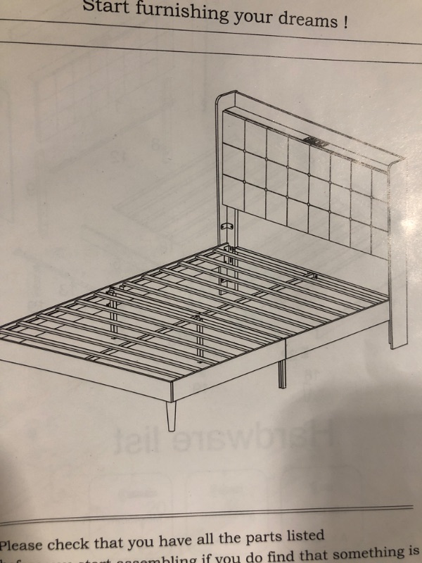 Photo 4 of **image shown below is similar to actual item**Queen Platform Bed Frame with Upholstered Fabric Headboard, Sturdy Wood Slat Support, Noise-Free, No Box Spring Needed, Quick Assembly, Dark Grey with charging station