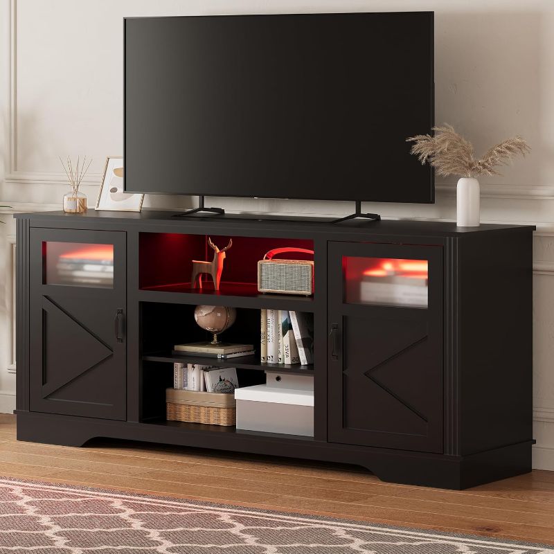 Photo 1 of **item is similar to image shown**Farmhouse TV Stand with LED Lights, Entertainment Center for 65/60/55 Inches Televisions, TV Console with Storage Cabinets and Open Shelves, TV Cabinet for Living Room, Bedroom, Black