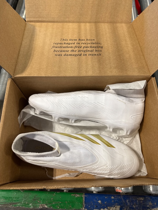 Photo 2 of adidas League Laceless Firm Ground Sneaker, White/Gold Metallic/Sandy Beige Metallic, 11.5