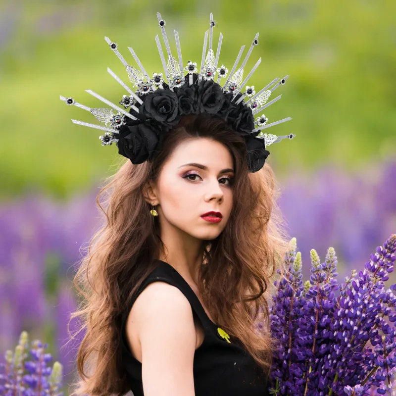 Photo 1 of ***some gems are loose, but can be reattached*** COSUCOS Black Rose Halo Crown - Handmade Renfaire Forest Witch Headpiece with Crystal Goth Spiked Dark Flower Headband for Women Angel Cosplay Renaissance Halloween Costumes Zip Tie Hair Accessories