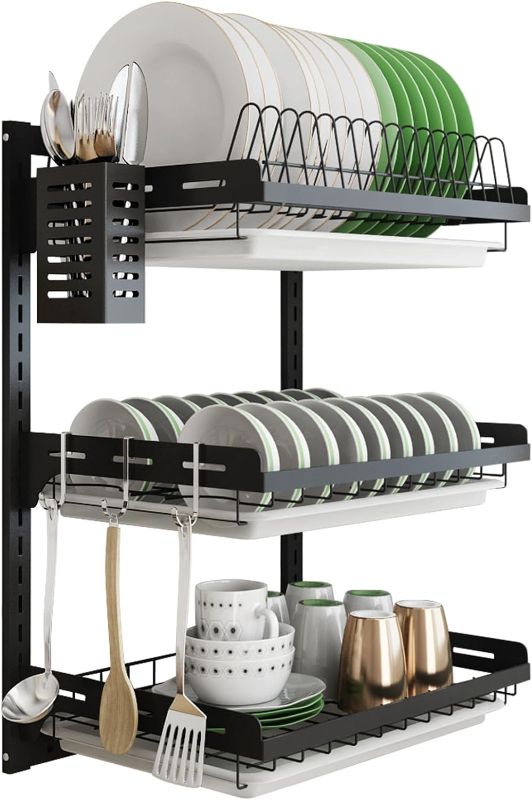 Photo 1 of ***USED***Hanging Dish Drying Rack Wall Mount,Dish Racks Drainer,3 Tier Kitchen Plate Organizer Storage Shelf with Drain Tray with 3 Hooks,Stainless Steel Black Large Ajustable Height(3 Tier, 21.8)
