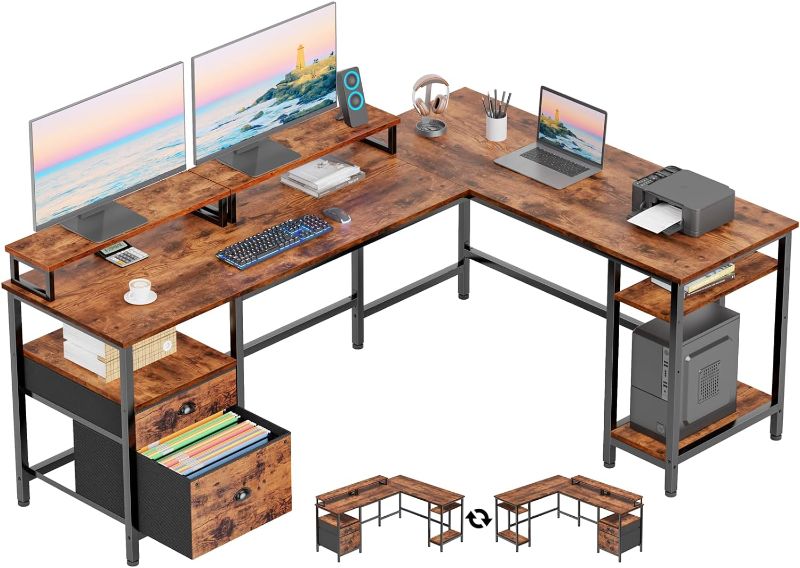 Photo 1 of  66" L Shaped Computer Desk with Shelves, Reversible Corner Gaming Desk with File Drawer and Dual Monitor Stand, Large Home Office Desk Writing Study Table Workstation, Rustic Brown
