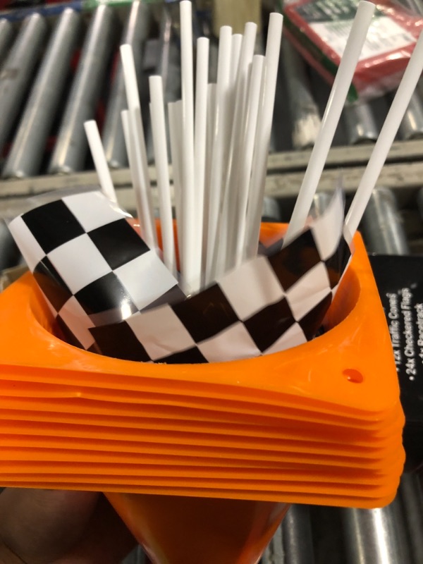 Photo 3 of 38 Pcs Set - 12 Traffic Cones With Hole on Top, 24 Checkered Flags, Racetrack Floor Runner - for For Race Car Birthday Party Supplies, Table Centerpiece Decorations Kids Gift by 4E's Novelty