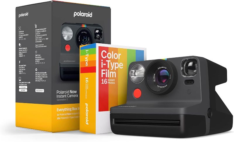 Photo 1 of (used) Polaroid Now 2nd Generation I-Type Instant Camera + Film Bundle - Now Black Camera + 16 Color Photos (6248)- Black