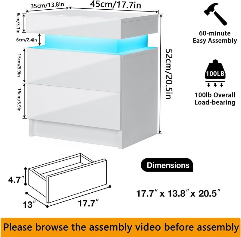 Photo 1 of **NON-REFUNDABLE** (PARTS) HOMMPA LED Nightstand White Nightstand with Led Lights Modern Night Stand with 2 High Gloss Drawers Led Bedside Table Smart Nightstand for Bedroom 20.5” Tall