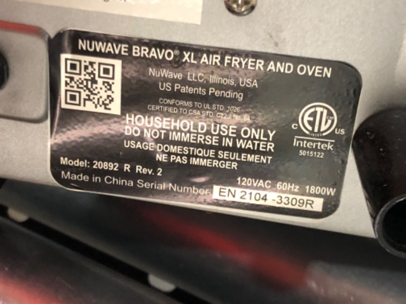 Photo 3 of ***HEAVILY USED - DAMAGED - SEE COMMENTS***
Nuwave Bravo XL Pro Air Fryer Toaster Oven, Improved 100% Super Convection, Quicker & Crispier Results, 100 Presets, Multi-Layer Even Cooking, 50-500F, Smart Probe, PFAS Free, 30QT, Stainless Steel