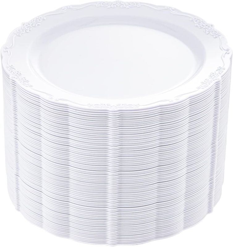 Photo 1 of  White Plastic Plates, Heavy Duty White Disposable Plates Premium White Dinner Plates Hard Plastic Plates Disposable for Party Wedding Bridal Shower
