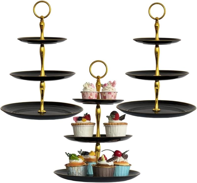 Photo 1 of  2 Pack****** 3 Tier Cupcake Stand, Plastic Tiered Serving Stand, Dessert Tray for Tea Party, Baby Shower and Wedding (Black Plate with Gold Rim)
