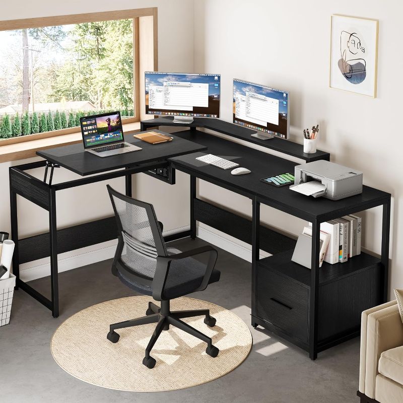 Photo 1 of ***NON-REFUNDABLE**BOX 1 OF 2**** YITAHOME L Shaped Desk with File Drawer, 65" Large Computer Desk Corner Desk with Lift Top, Standing Desk Height Adjustable with Monitor Stand & Storage Shelves for Home Office, Black
