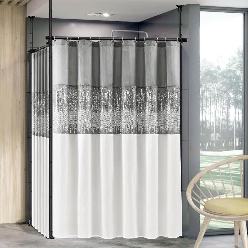 Photo 1 of  Double Curtain Divider Stand - 48 to 144 inches Expandable Curtain Rod Room Divider? Damage Free Freestanding Vertical Tension Stand, Black