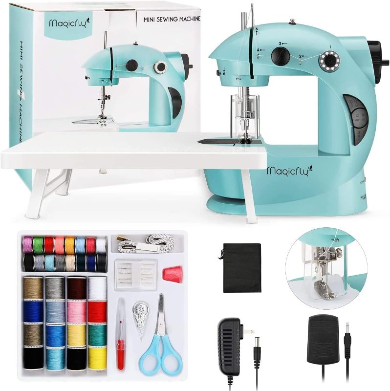 Photo 1 of ***FACTORY SEALED***Magicfly Mini Sewing Machine with Extension Table, Dual Speed Portable Sewing Machine for Beginners with Light, Sewing Kit for Household Use, Blue