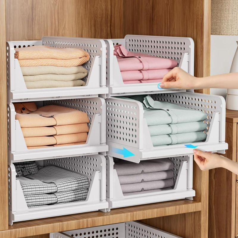 Photo 1 of  4 Pack Stackable Closet Organizer Box, Multifunctional & Foldable Closet Storage Basket for Bathroom Kitchen Laundry Room Wardrobe Storage,...