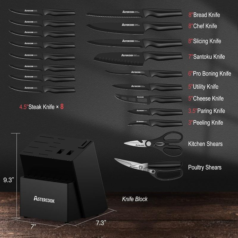 Photo 3 of (READ FULL POST) Knife Set, Astercook 21 Pieces Knife Sets for Kitchen with Block, Dishwasher Safe Kitchen Knife Set with Built-in Sharpener, German Stainless Steel Black Knife Block Set