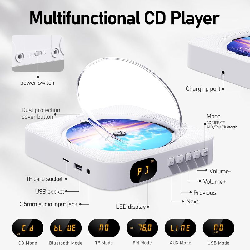 Photo 4 of (READ FULL POST) MICOCIOUS Bluetooth Portable Home CD Music Player with Remote Control, Timer, Built-in Speakers and LED Display - FM Radio Boombox (White)