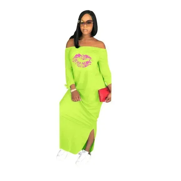 Photo 1 of **STOCK PHOTO FOR REFERENCE ONLY**
OLUOLIN Women's Casual Letter Print Off Shoulder Long Sleeve Bowknot Sides Slit Loose Long T-Shirt Maxi Dress  Plus Size, Lime Green Letter B 