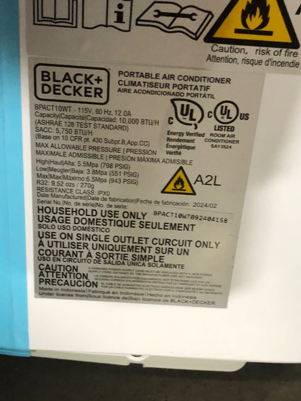 Photo 3 of ***USED - DAMAGED - UNTESTED - SEE COMMENTS***
BLACK+DECKER 10,000 BTU Portable Air Conditioner up to 450 Sq.Ft. with Remote Control,White