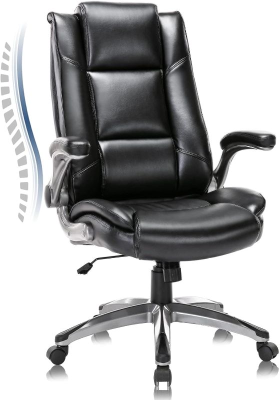 Photo 1 of **DAMAGED** COLAMY Leather Executive Office Chair- High Back Home Computer Desk Chair with Padded Flip-up Arms, Adjustable Tilt Lock, Swivel Rolling Ergonomic Chair for Adult Working Study-Black