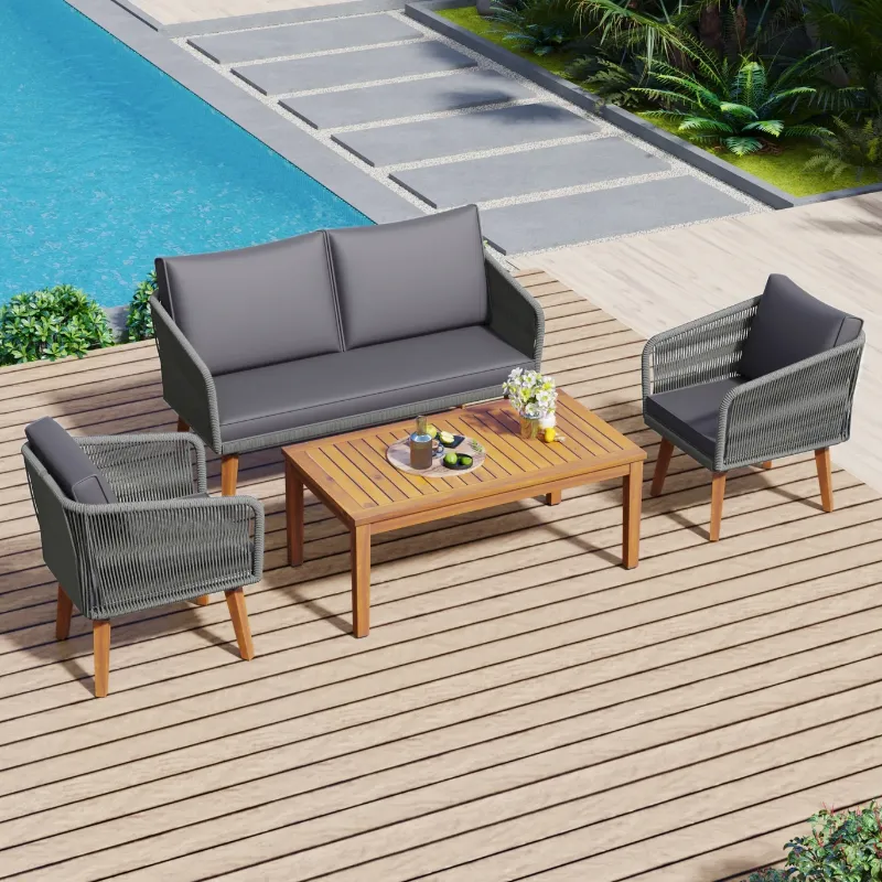 Photo 1 of ***PARTIAL SET - BOX 1 OF 2 ONLY - CANNOT BE FULLY ASSEMBLED - SEE PICTURES***
4 Pieces Patio Conversation Sets, Outdoor Patio Woven Rope Furniture Set with Solid Wood Loveseat, 2 Chairs and Table,Backyard Furniture for Poolside, Garden (Grey)