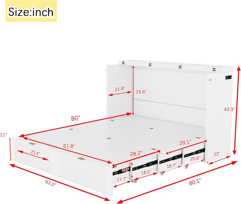 Photo 4 of **Box 2 of 3**Merax Queen Size Murphy Bed Cabinet with Storage, Wood Folding Wall Bed with Drawer, Sockets & USB Ports, for Guest Room, Home Office, White
Size:Queen w/Pulley Structure
Color:White