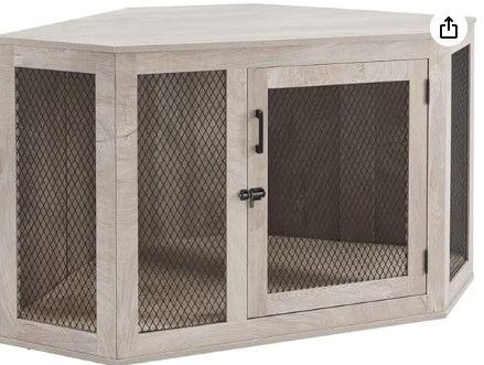 Photo 1 of  Furniture Style Corner Dog Crate for Small Medium Dogs, Indoor Aesthetic Puppy Kennel TV Stand, Modern Decorative Wood Pet House Dog Cage, Pretty Cute End Side Table Nightstand, Grey