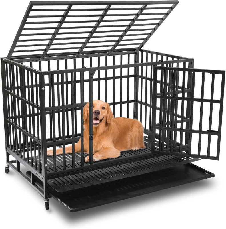 Photo 1 of 48 inch Heavy Duty Indestructible Dog Crate with Lockable Wheels, Double Door, and Removable Tray - Escape-Proof Kennel for Large Dogs with High Anxiety - Extra Large XL XXL Size