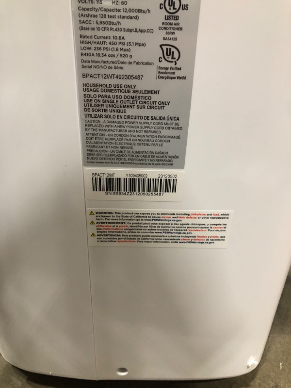 Photo 3 of ***USED - DAMAGED - UNTESTED - SEE COMMENTS***
BLACK+DECKER 12,000 BTU Portable Air Conditioner up to 550 Sq.Ft. with Remote Control, White White - 12,000 BTU 1 Count (Pack of 1)