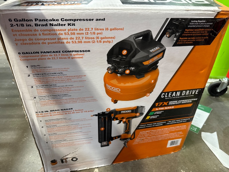 Photo 2 of ***USED - POWERS ON - UNABLE TO TEST FURTHER***
RIDGID 6 Gal. Electric Pancake Air Compressor and Pneumatic 18-Gauge 2-1/8 in. Brad Nailer