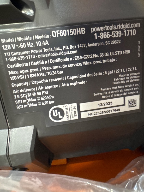 Photo 3 of ***USED - POWERS ON - UNABLE TO TEST FURTHER***
RIDGID 6 Gal. Electric Pancake Air Compressor and Pneumatic 18-Gauge 2-1/8 in. Brad Nailer